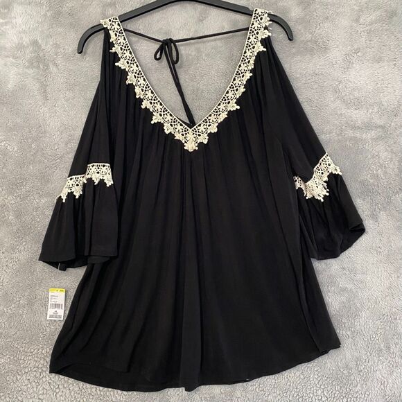 Simply Emma Blouse Top 3X Black V Neckline Cold Shoulder Tunic Boho Flowy - Picture 3 of 8